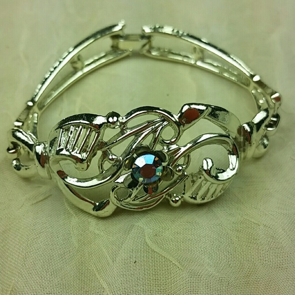 Ornate Polished Silver Tone Filigree Bracelet w Pastel Blue Crystal Focal Bead - Picture 5 of 6